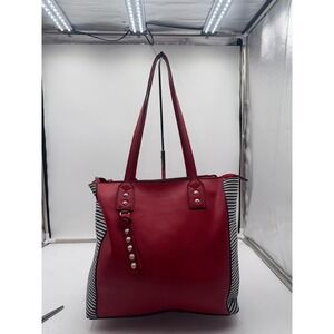 Kate & Alex Cuffaro Red Tote Bag Striped Sides Silver Studs Italian Design